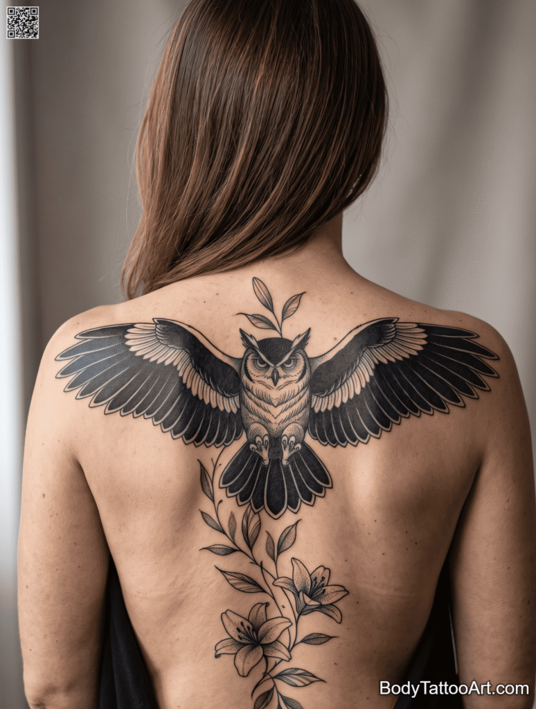  Blackwork with dotwork shading Lily with Owl Tattoos