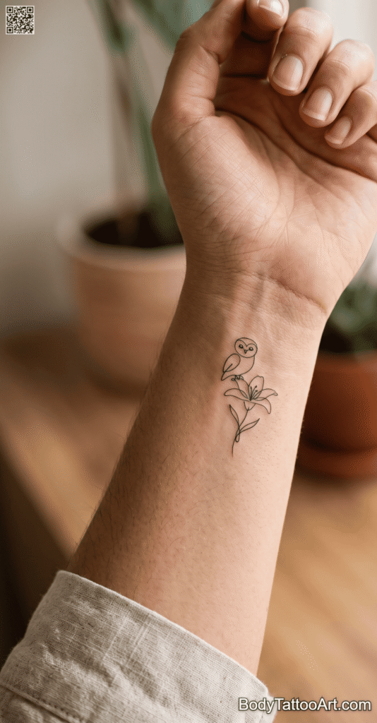 Minimalist single-line Lily with Owl Tattoos
