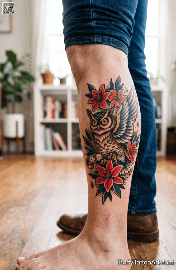  Traditional Style Owl With Bold Red Lilies