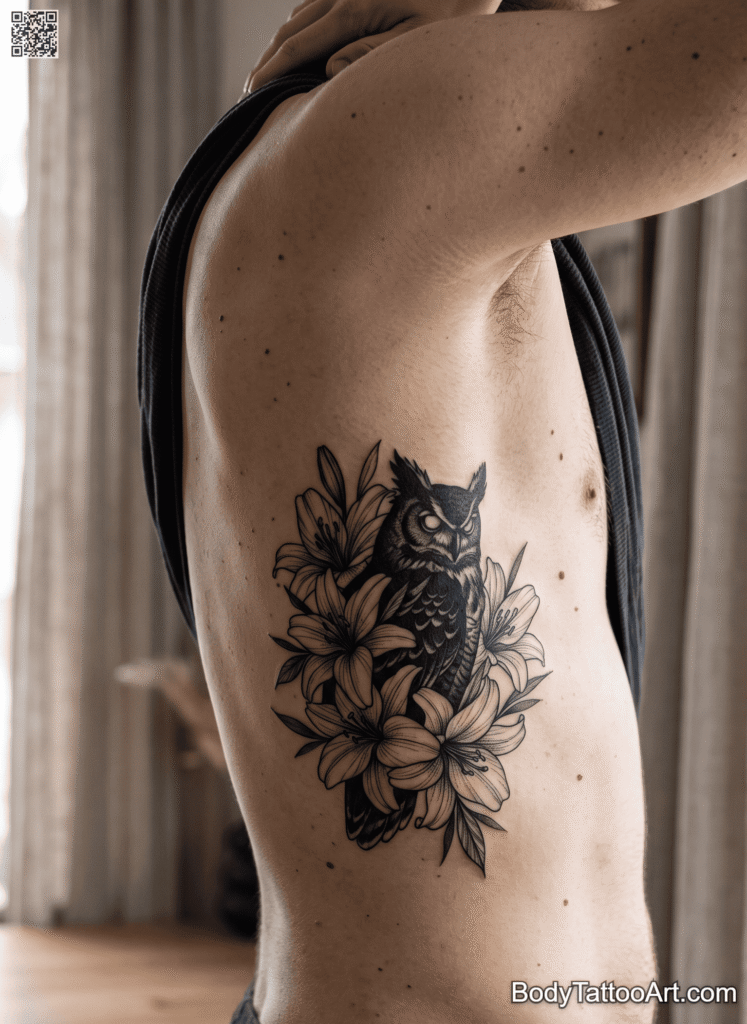  American traditional Lily with Owl Tattoos