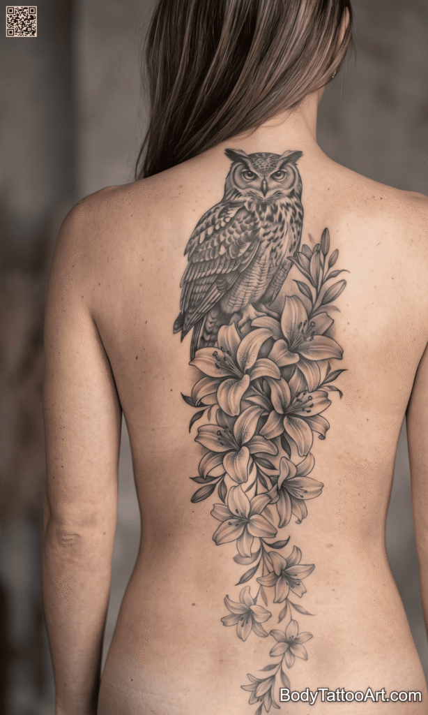 Large Owl and Lily Mural Across the Spine