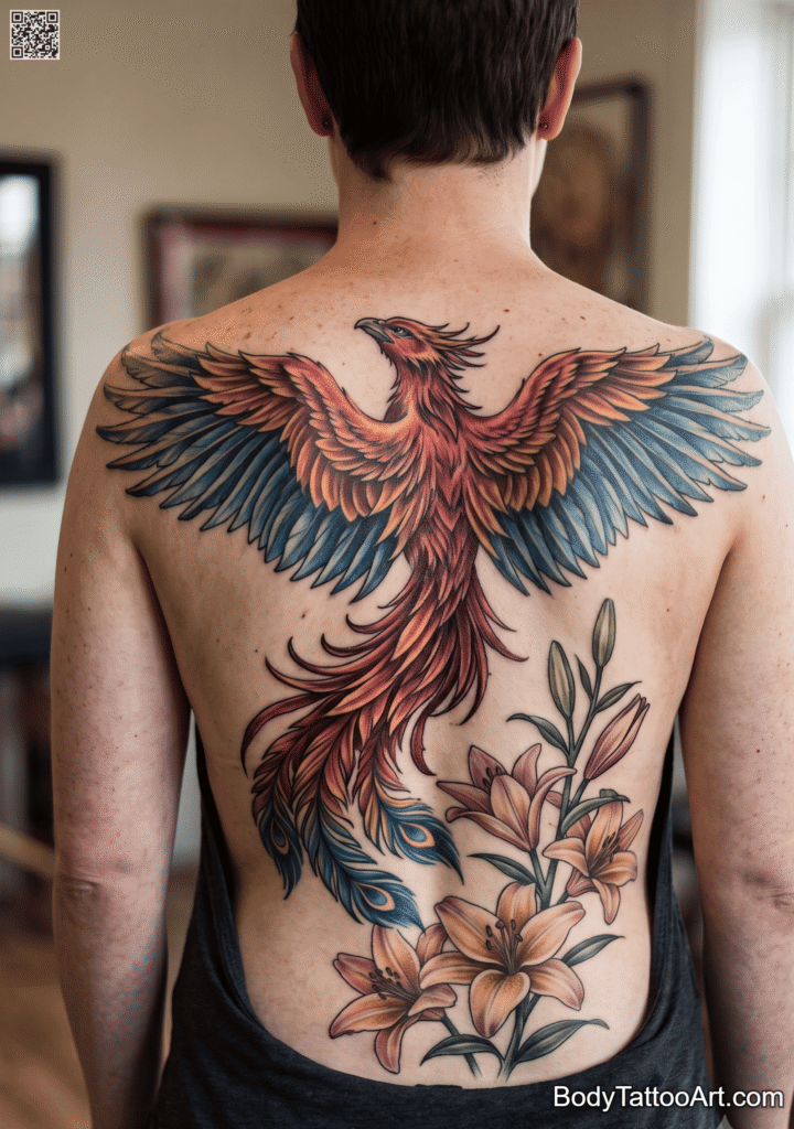 Grey-wash realism Lily with Phoenix Tattoos
