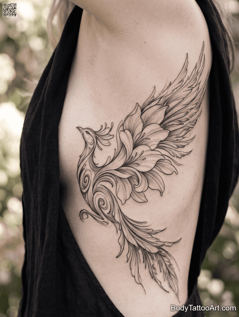 Abstract linework Lily with Phoenix Tattoos