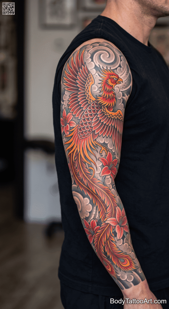 Full sleeve Lily with Phoenix Tattoos