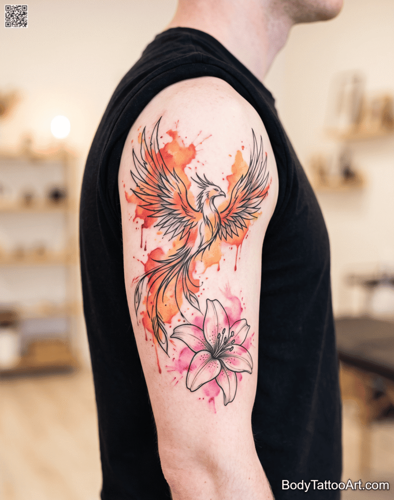 Watercolor blend with linework Lily with Phoenix Tattoos