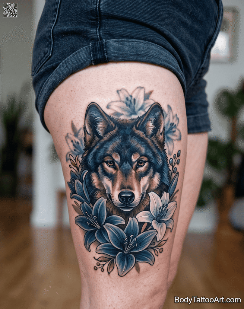 Neo-traditional Lily with Wolf Tattoos