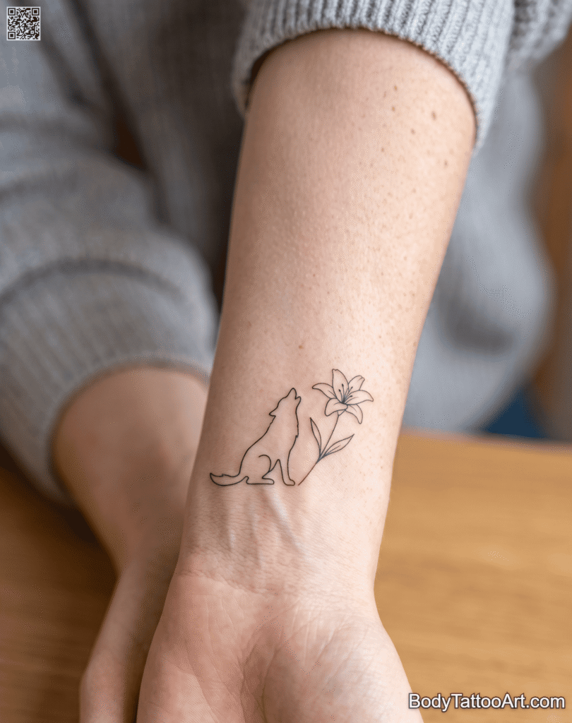 Minimalist single-line Lily with Wolf Tattoos