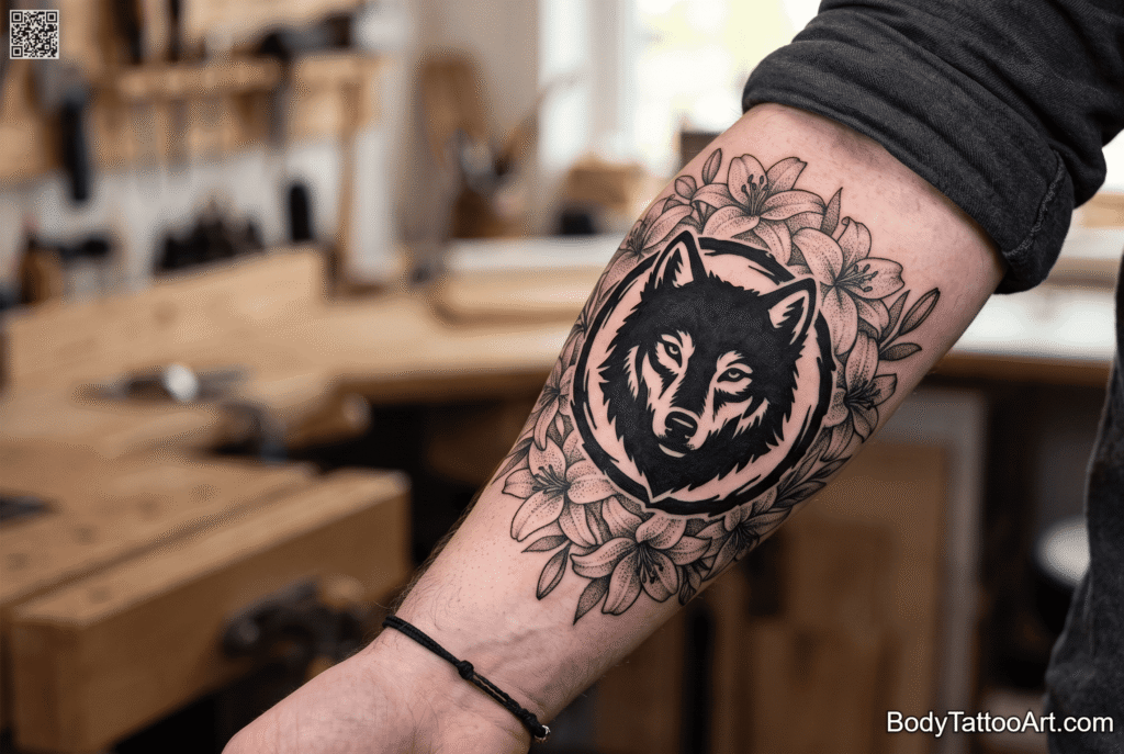 Blackwork with dotwork Lily with Wolf Tattoos