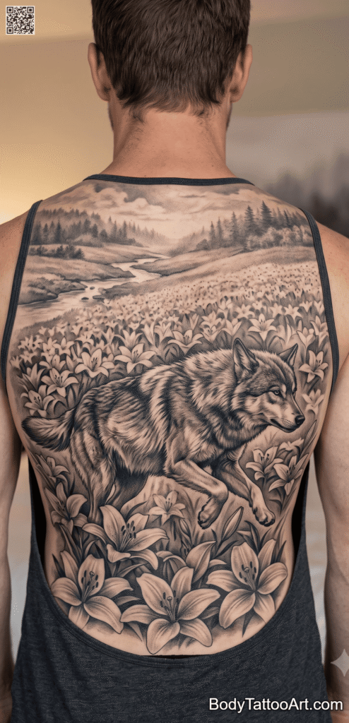 Full Back Piece — Wolf Running Through a Lily Field
