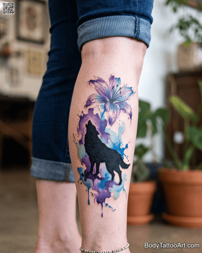 Watercolor Lily with Wolf Tattoos