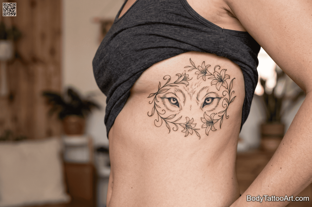 Fine line with botanical detailing Lily with Wolf Tattoos