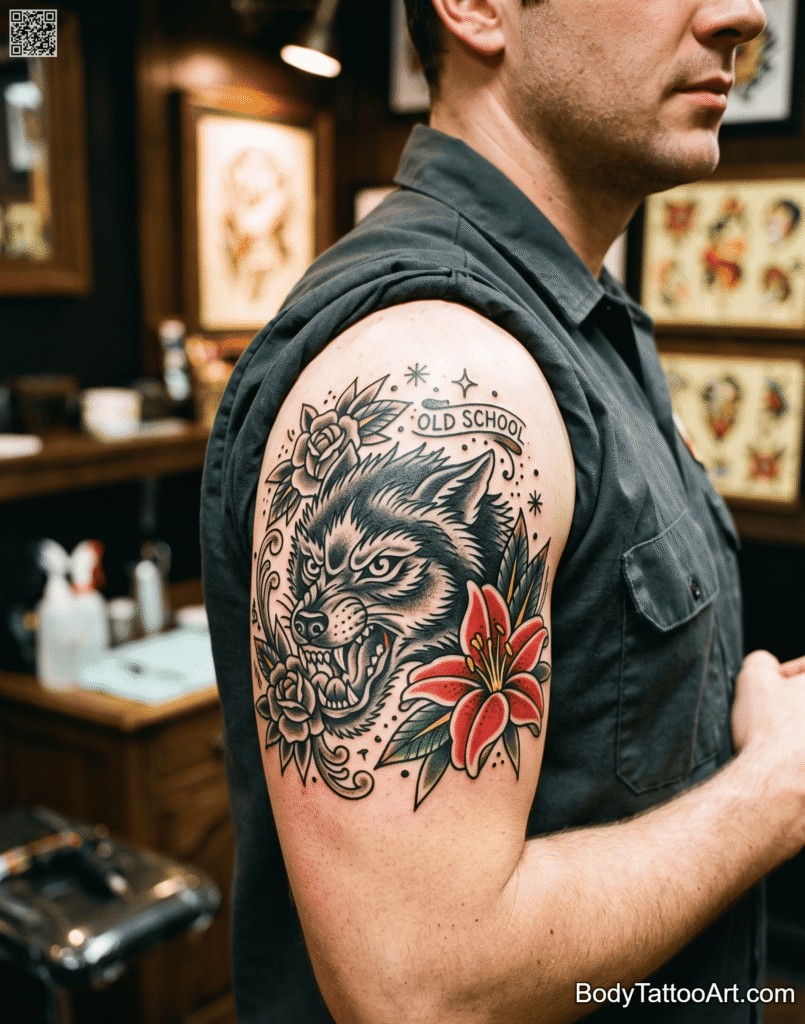 American traditional Lily with Wolf Tattoos