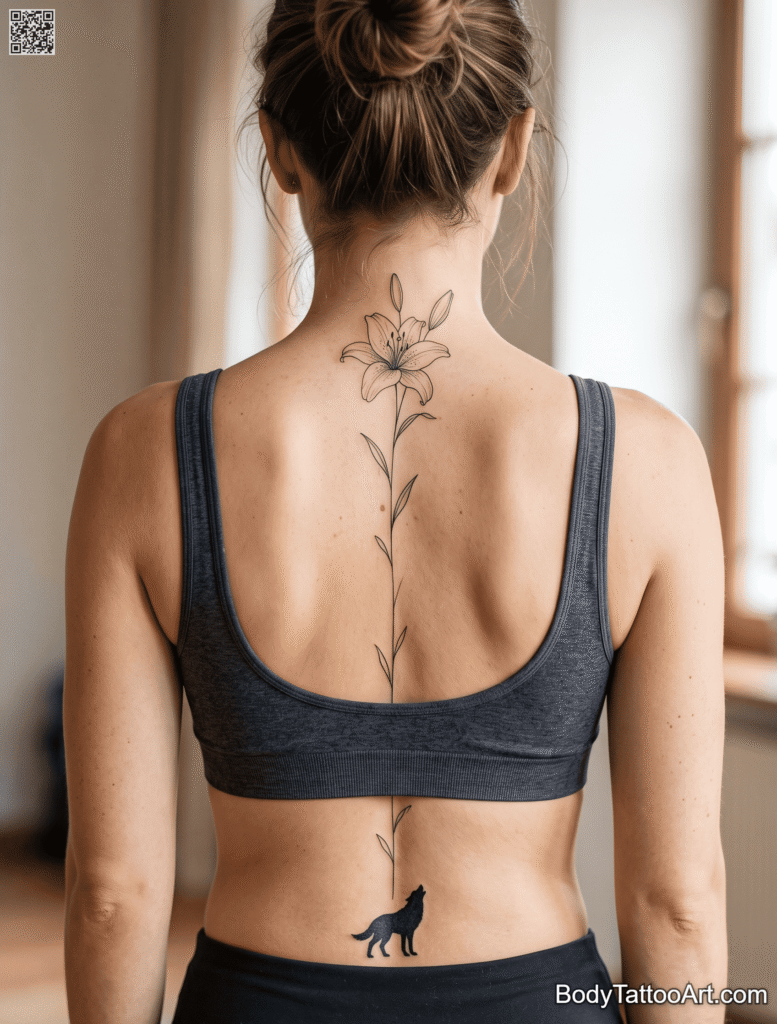 Fine line vertical composition Lily with Wolf Tattoos