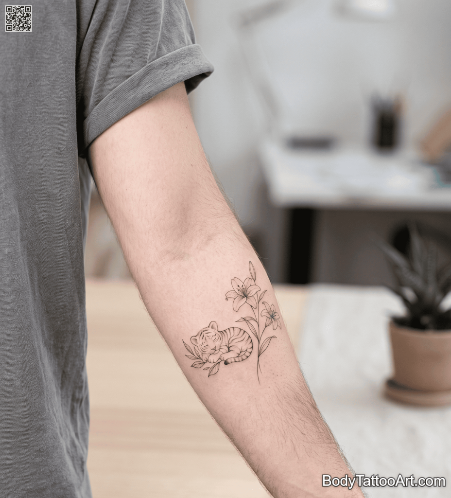 Fine Line Lily With Tiger Tattoos