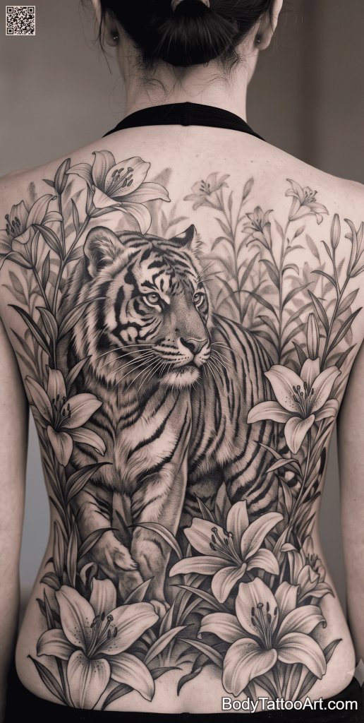 Realistic black and grey Lily With Tiger Tattoos