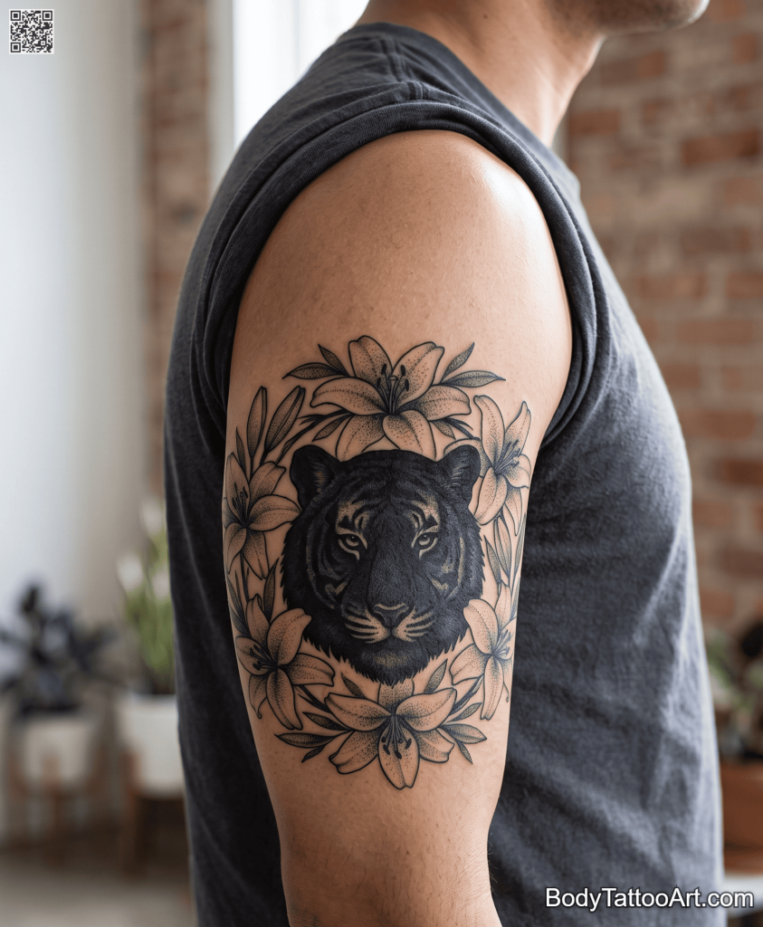 Blackwork with dotwork shading Lily With Tiger Tattoos