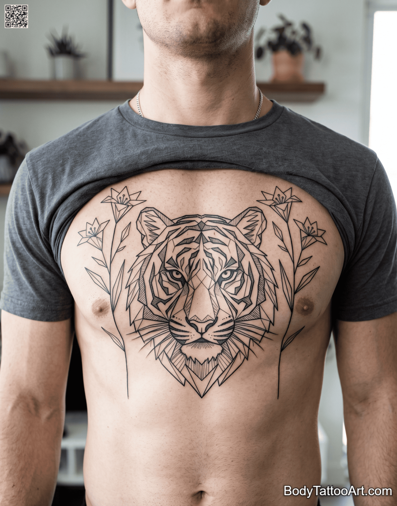 Geometric linework Lily With Tiger Tattoos