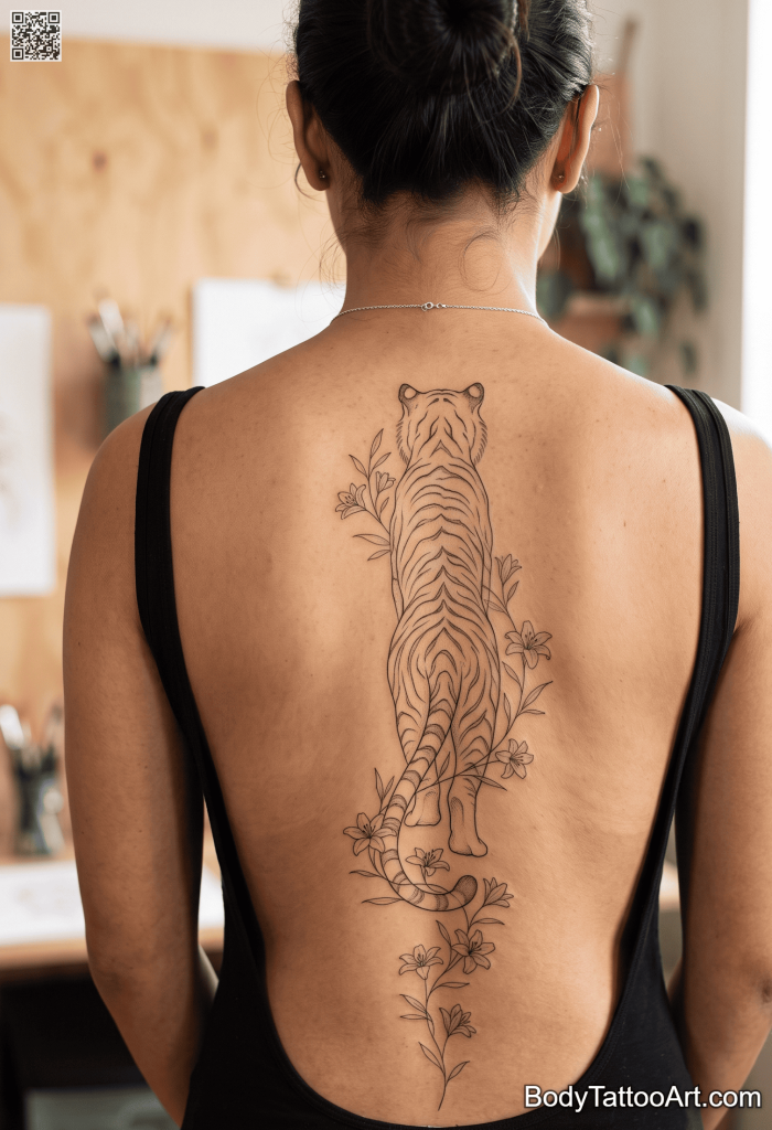Illustrative fine line Lily With Tiger Tattoos