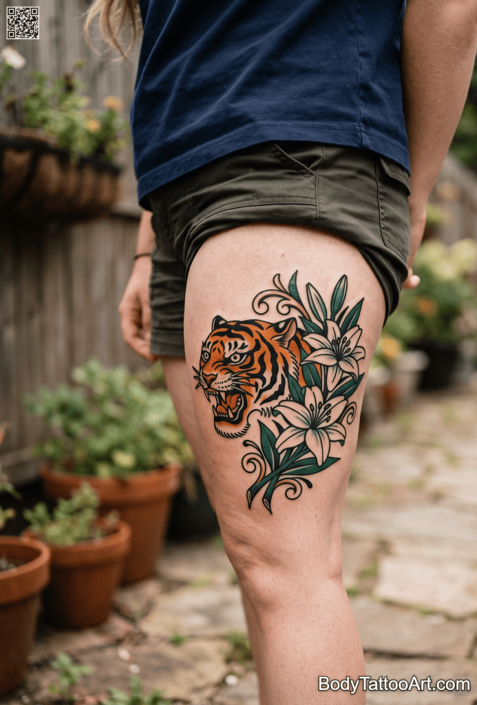 Traditional bold line Lily With Lion Tattoos