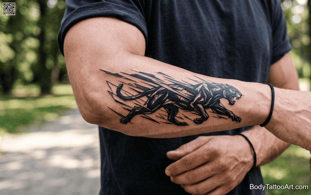 Blackwork with motion linework Panther Tattoo