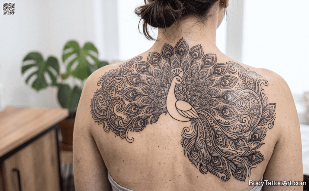 Ornamental linework Peacock Tattoos