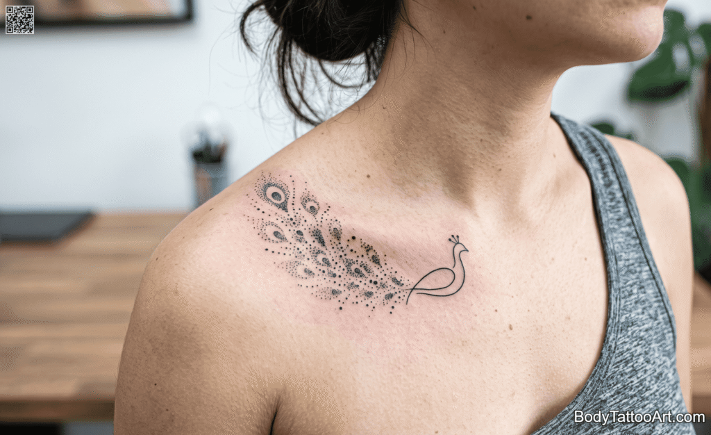 Whimsical Dot Cluster Peacock Tattoos
