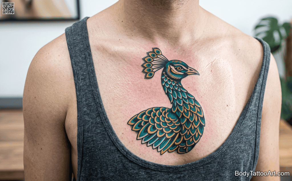 Bold Traditional Bust Peacock Tattoos