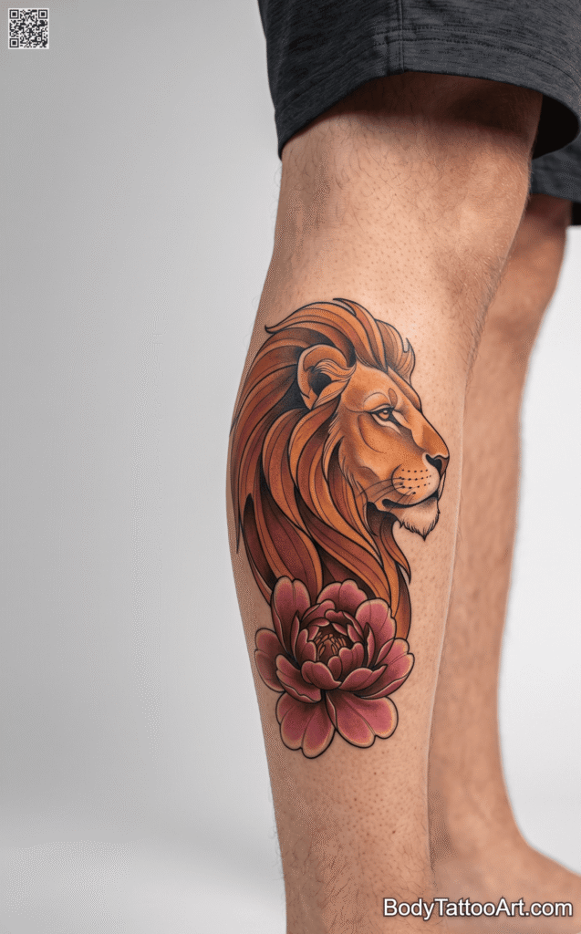 The Vivid Calf Roar Peony With Lion Tattoos
