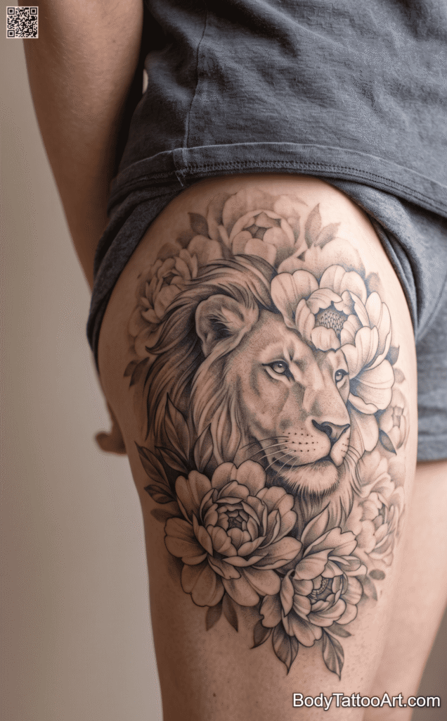  The Lion Hidden In Peonies Type Peony With Lion Tattoos