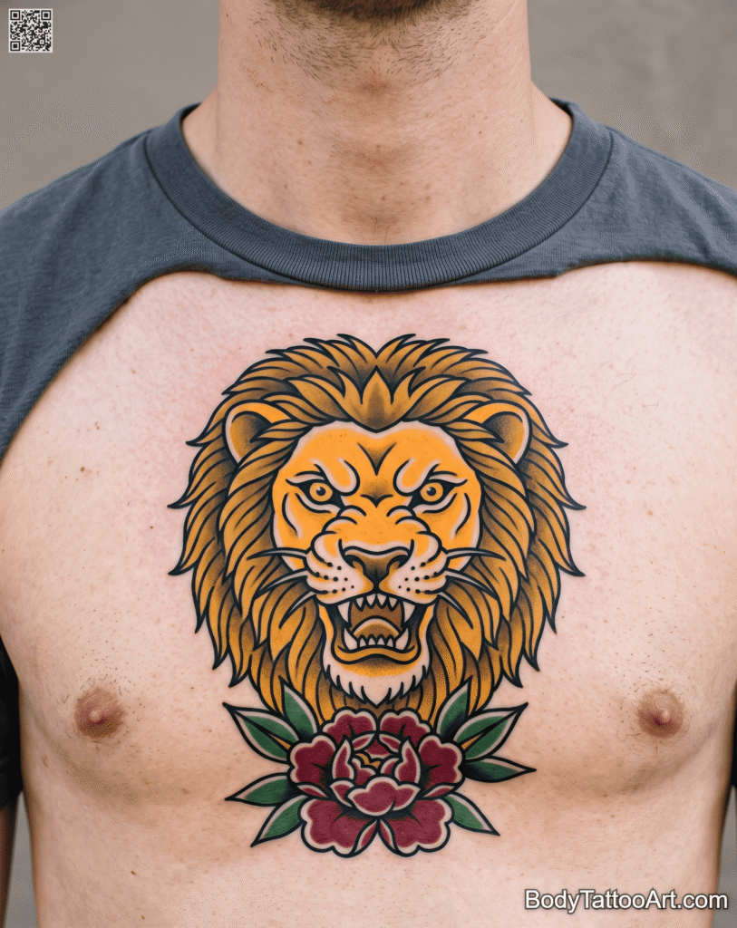 The Bold Chest Piece Peony With Lion Tattoos