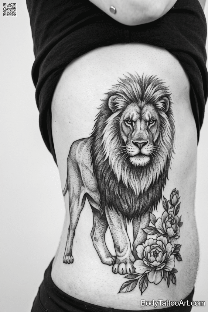 The Dotwork Pride Peony With Lion Tattoos