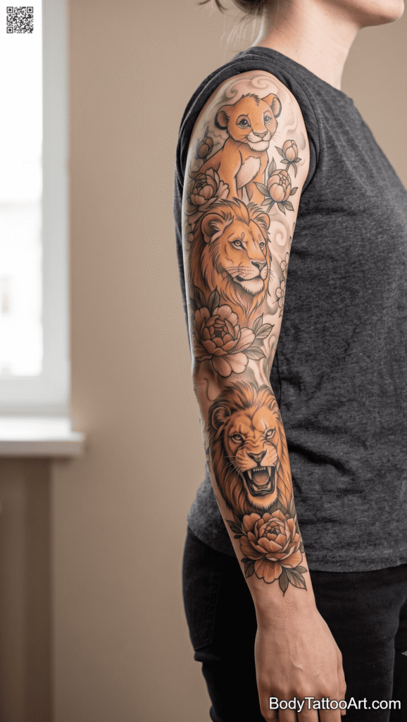 The Sleeve Pride Scene Peony With Lion Tattoos