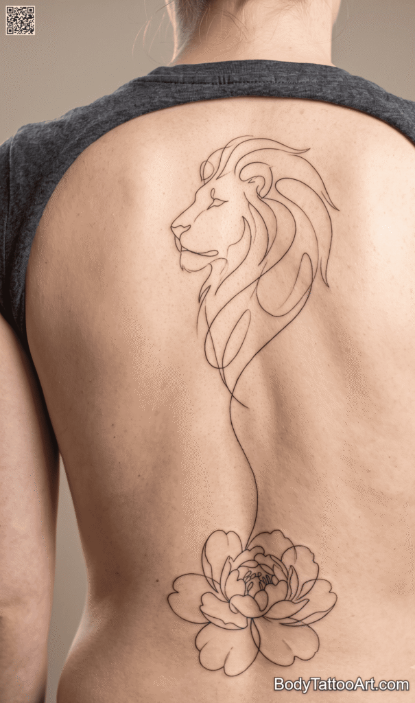 The Spine Trace Peony With Lion Tattoos