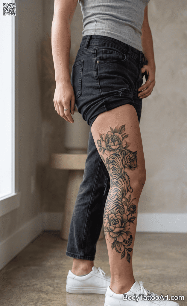 Blackwork Tiger Emerging from Dark Peonies