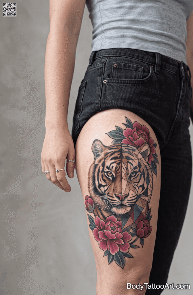 Geometric Tiger Breaking Through Peonies