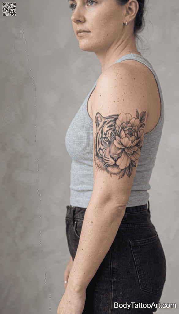 Half Tiger Face with Oversized Peony