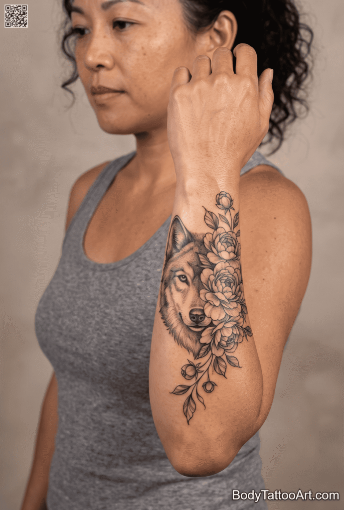 Half Wolf Portrait with Cascading Peonies