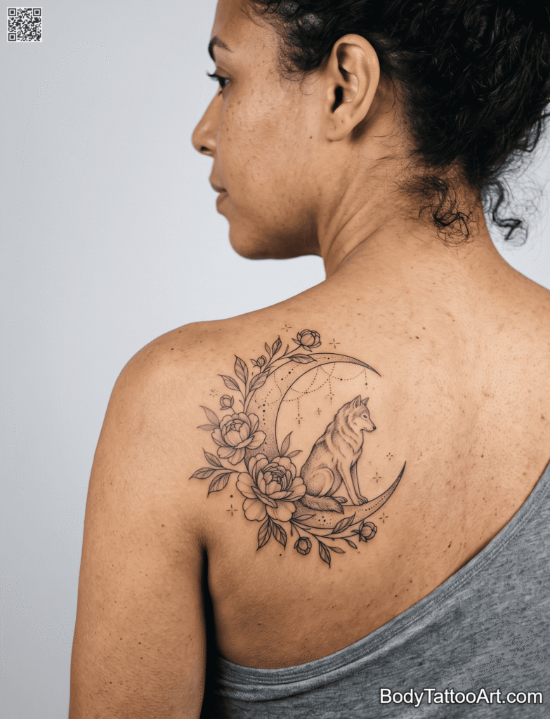  Crescent Moon with Wolf and Peonies