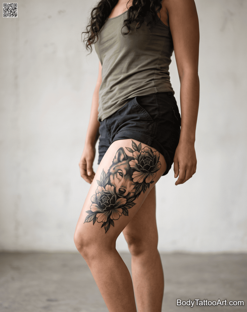 Blackwork Wolf Hidden in Peony Shadows