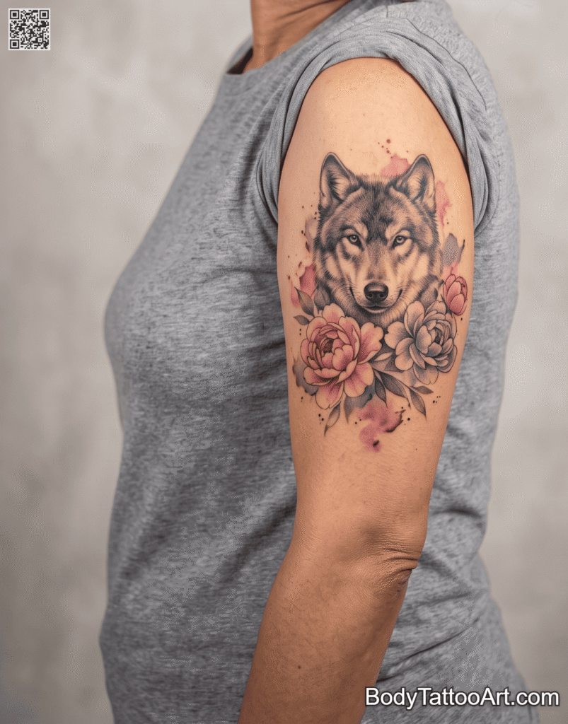 Watercolor Peonies Behind a Detailed Wolf