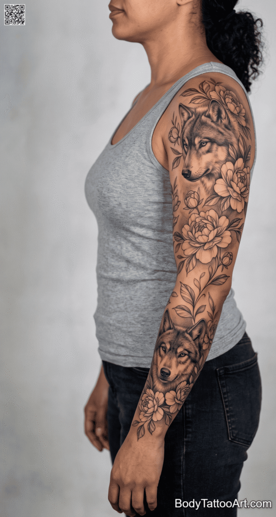Full Sleeve of Wolves and Blooming Peonies