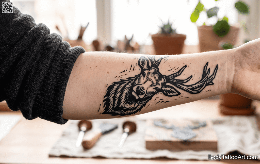 Woodcut/linocut Stag Tattoos