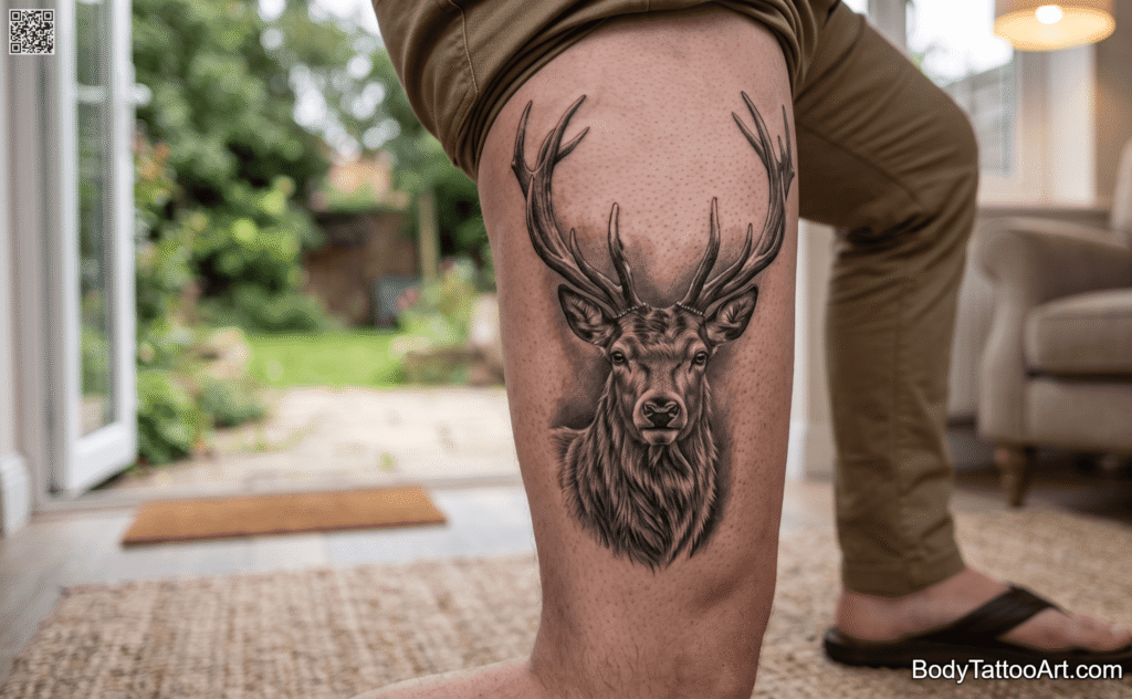Grey-wash realism Stag Tattoo