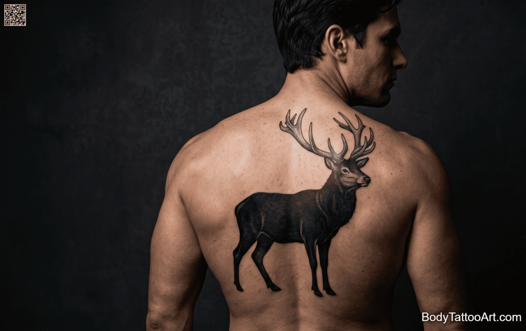  Blackwork with dotwork Stag Tattoos