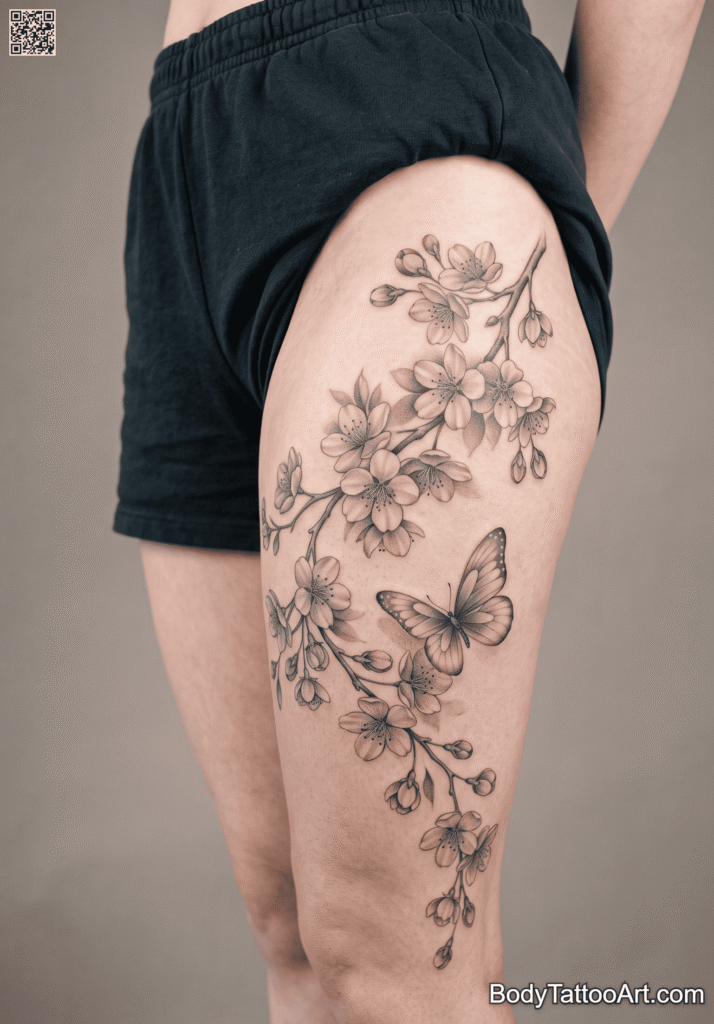 The Grey Fade Thigh Piece Cherry Blossom With Butterfly