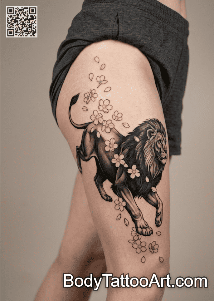 The Lion Walking Through a Blossom Storm Cherry Blossom With Lion Tattoos