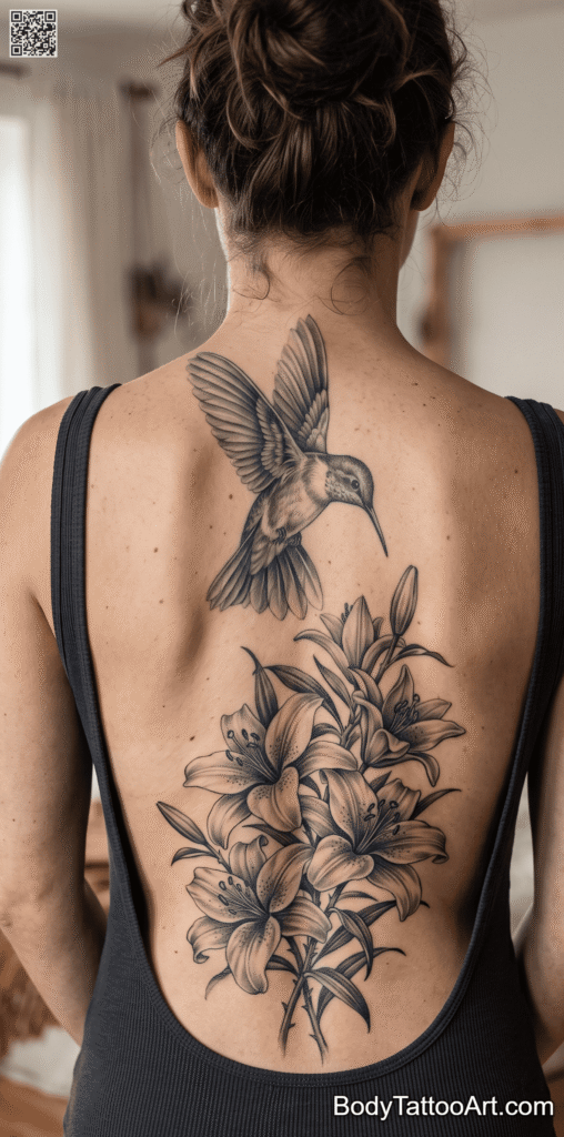 Grey-Wash Realism Lily With Hummingbird Tattoos