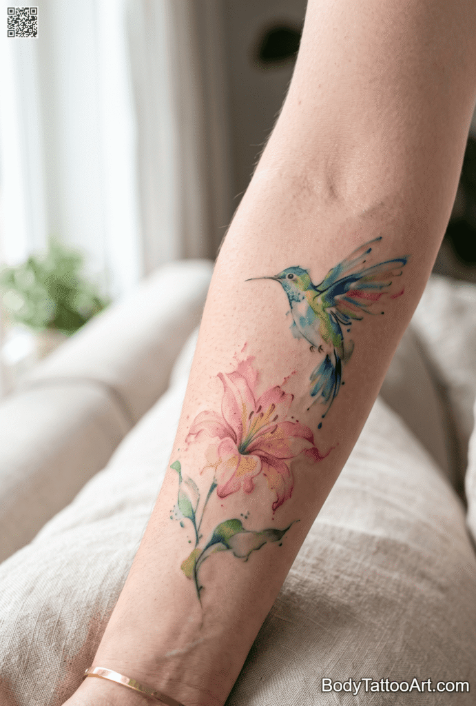  Watercolor Lily With Hummingbird Tattoos