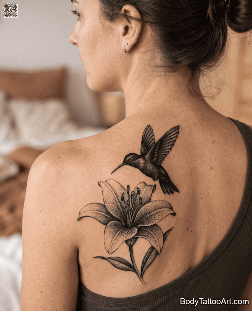 Blackwork dotwork Lily With Hummingbird Tattoos