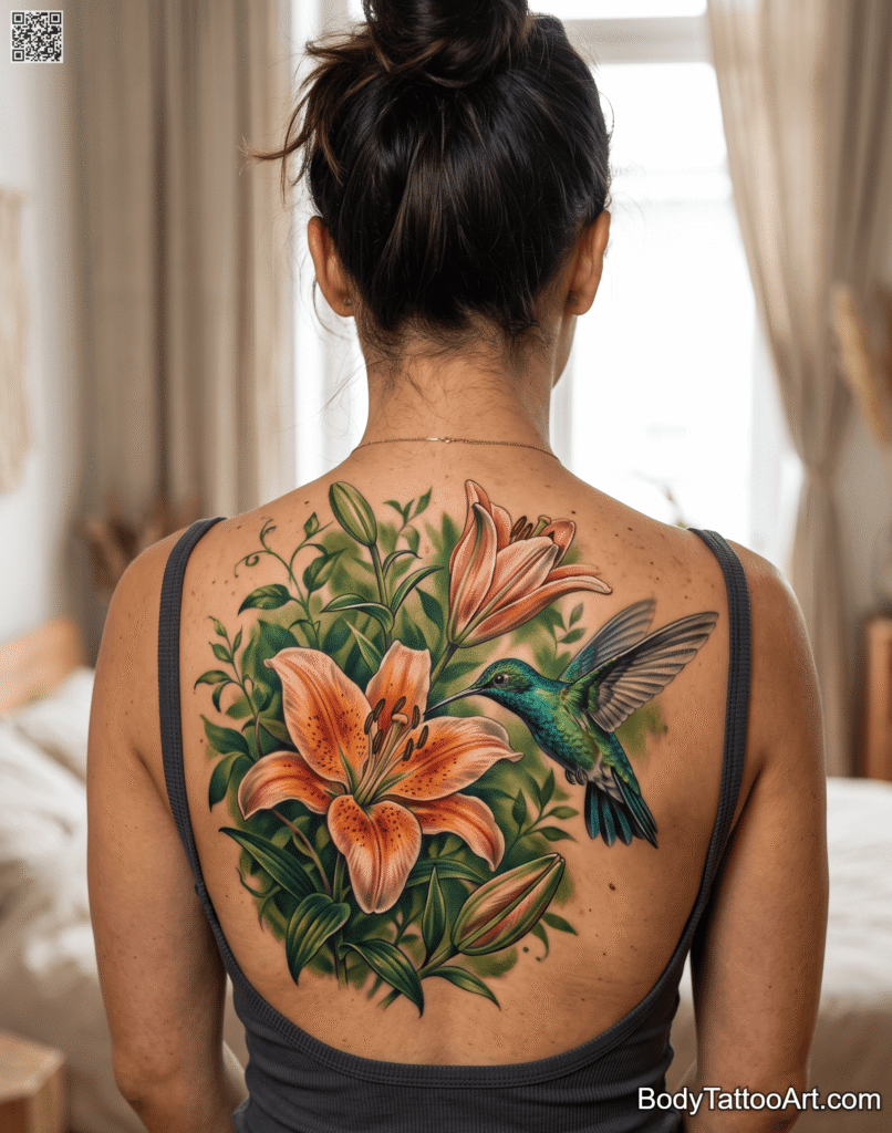 Realistic color Lily With Hummingbird Tattoos